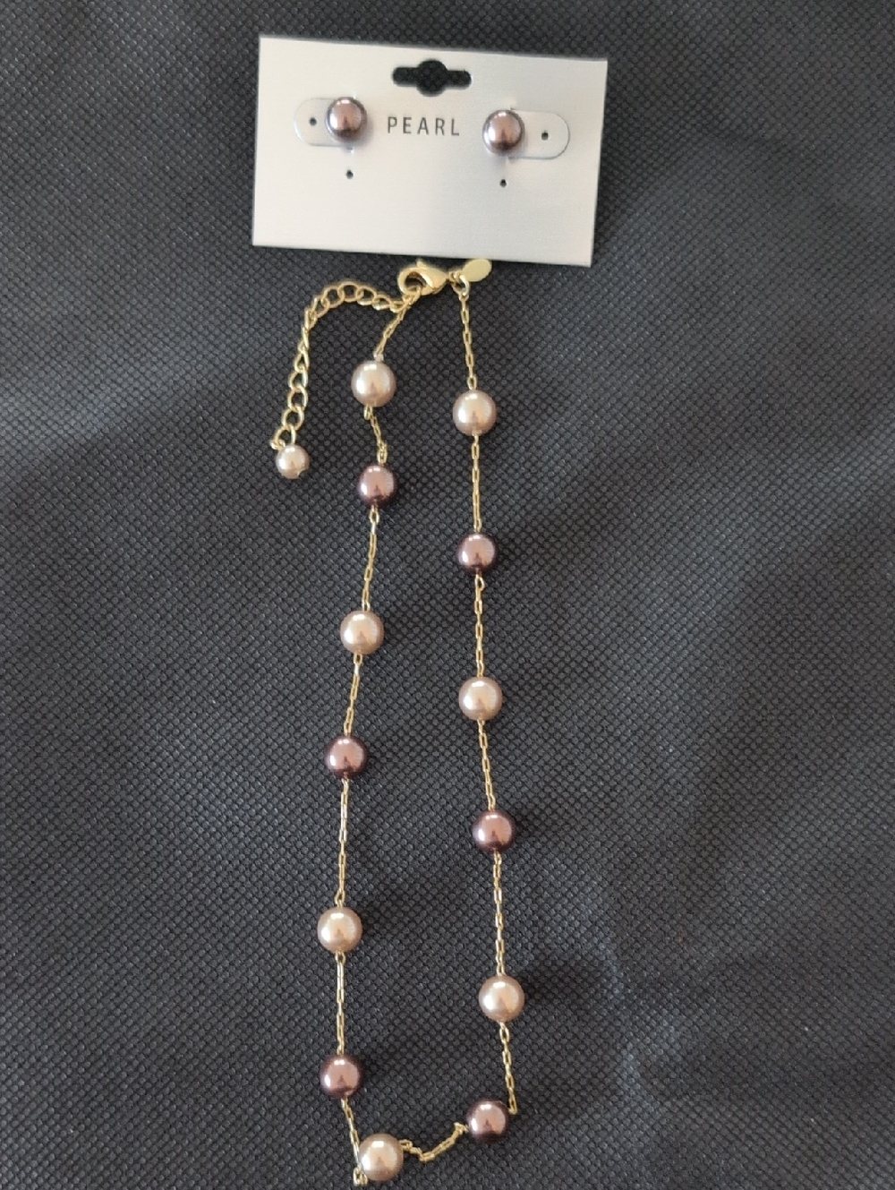 Pearl Gold-Tone Necklace and Stud Earrings with Brown and Cream Pearls